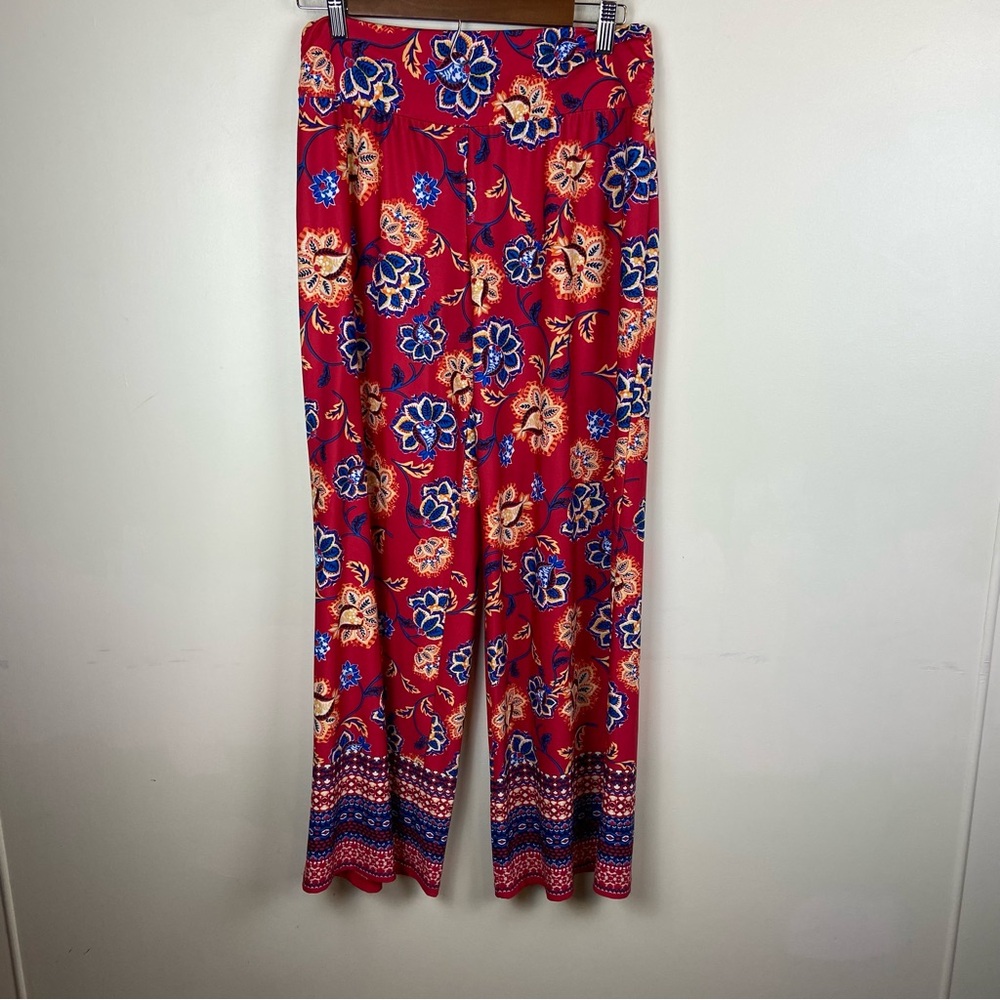 Apt 9 Red Floral Wide‎ Leg Pull On Pants Stretchy Colorful Vacation Size Large